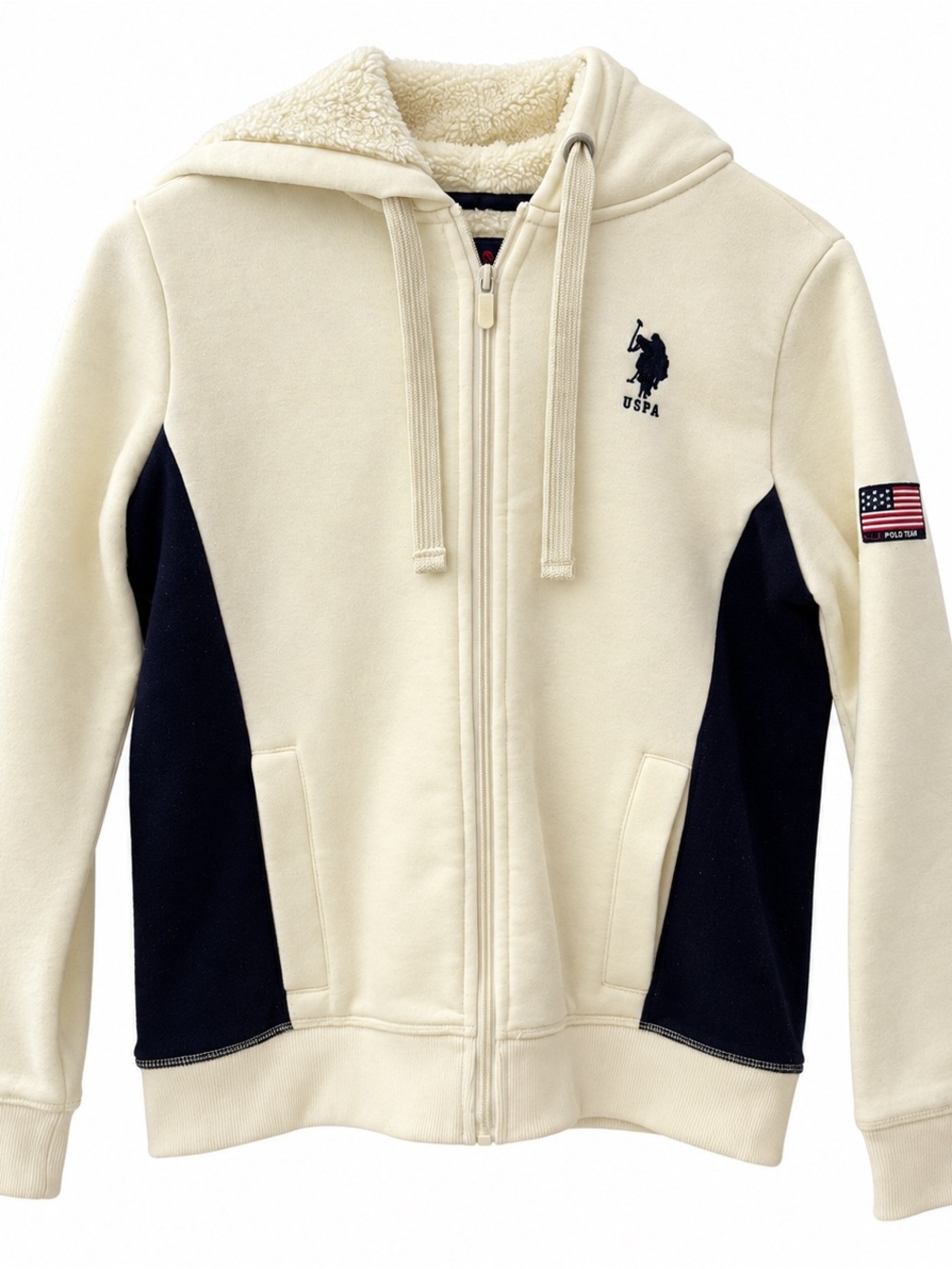 U.S. Polo Assn Women’s Sherpa Lined Full Zip Hoodie Cream Navy S